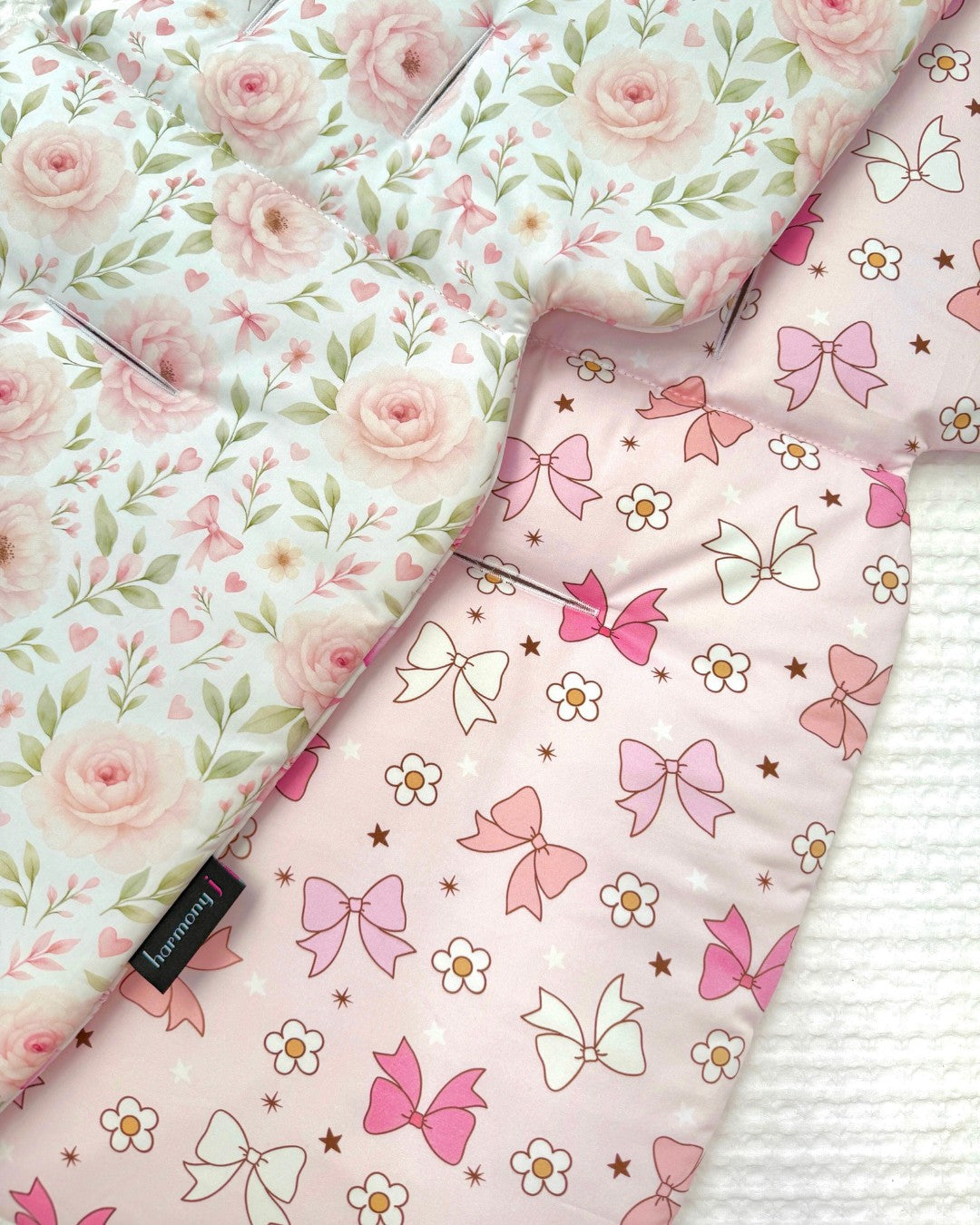 Pretty girl pram liner using houndsooth pink and sweetheart blossom by harmony j.