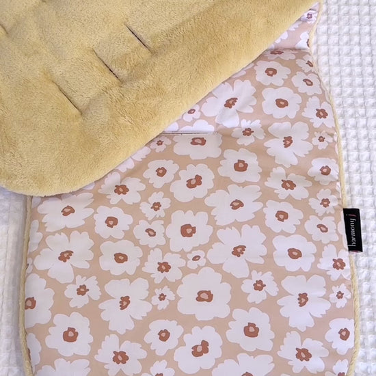 Beige Floral Pram Liner and accessories for winter, with warm minky fabric for the cooler days. Reversible and custom made for your pram by Harmony j.