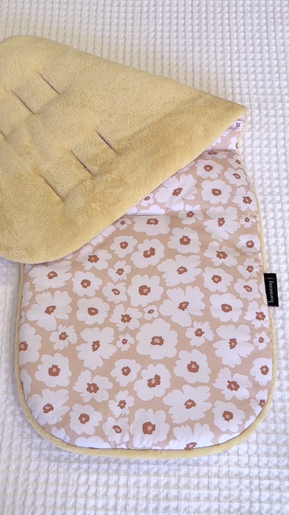 Beige Floral Pram Liner and accessories for winter, with warm minky fabric for the cooler days. Reversible and custom made for your pram by Harmony j.