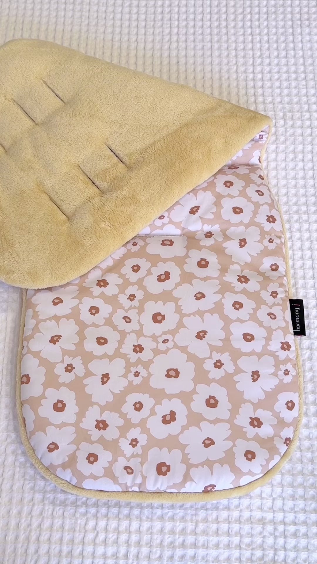 Beige Floral Pram Liner and accessories for winter, with warm minky fabric for the cooler days. Reversible and custom made for your pram by Harmony j.