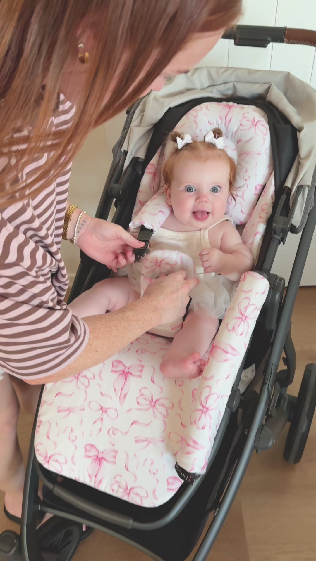 Comfy Pram Liner and Accessories for baby girl on the Uppababy Vista V2 Pram.