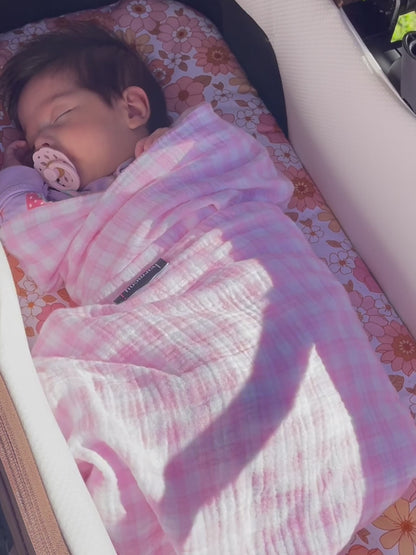 Beautiful sleeping baby in her pram with her hand made bassinet liner by harmony j.