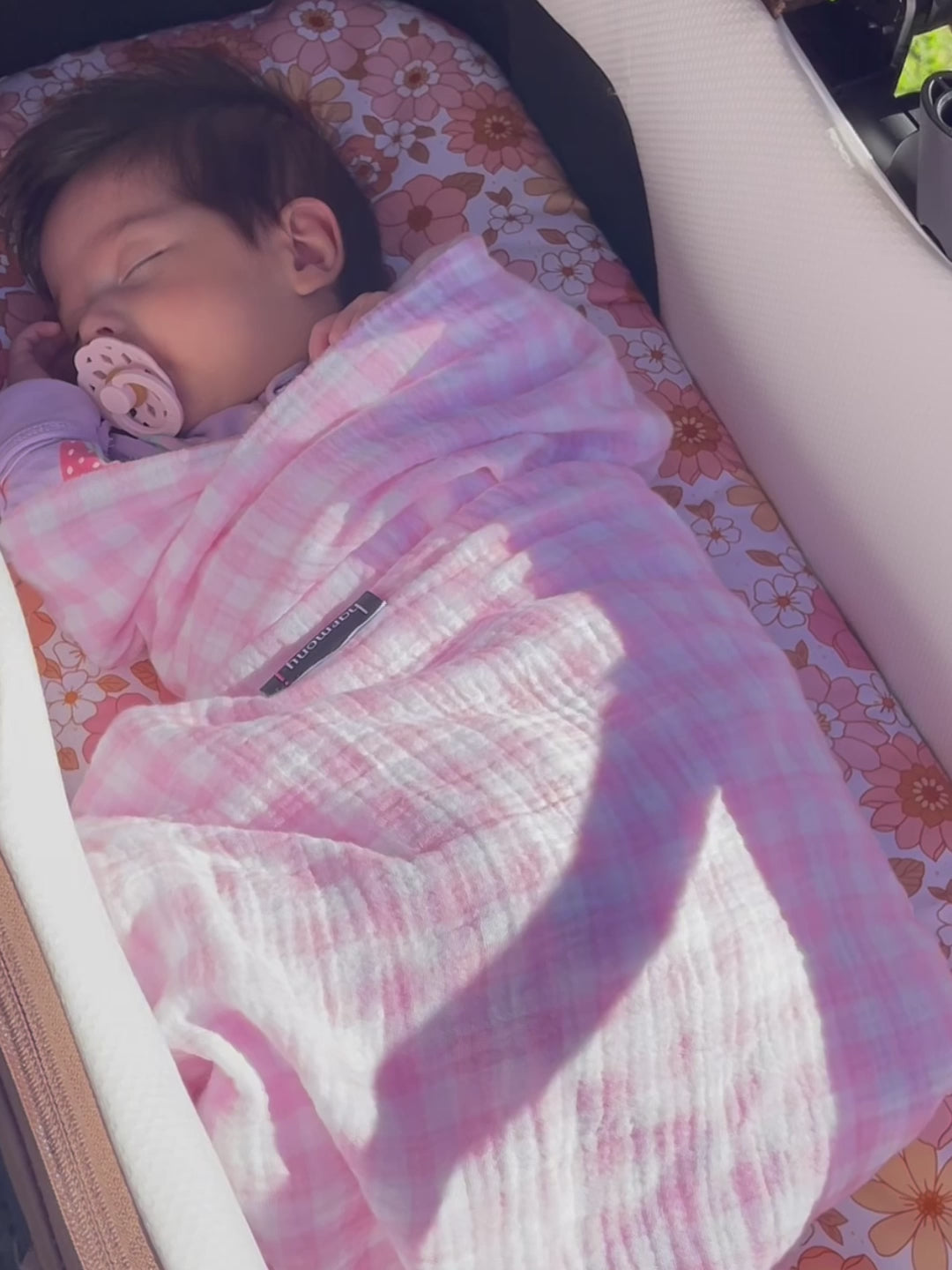 Beautiful sleeping baby in her pram with her hand made bassinet liner by harmony j.