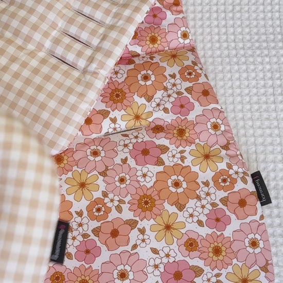 Floral and Gingham Beige Pram Liner with matching Accessories. Made in Australia by Harmony j