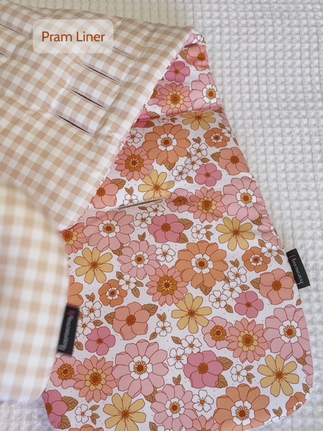 Floral and Gingham Beige Pram Liner with matching Accessories. Made in Australia by Harmony j