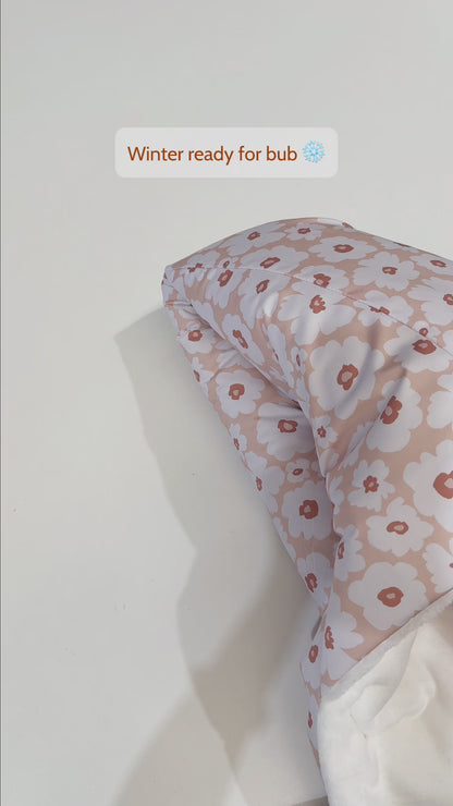 Beige Floral Pram Footmuff, super warm and soft for bub. Keeping them warm in winter without having to kick the blankets off. Made by Harmony j.