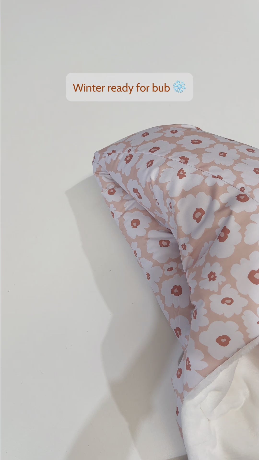 Beige Floral Pram Footmuff, super warm and soft for bub. Keeping them warm in winter without having to kick the blankets off. Made by Harmony j.
