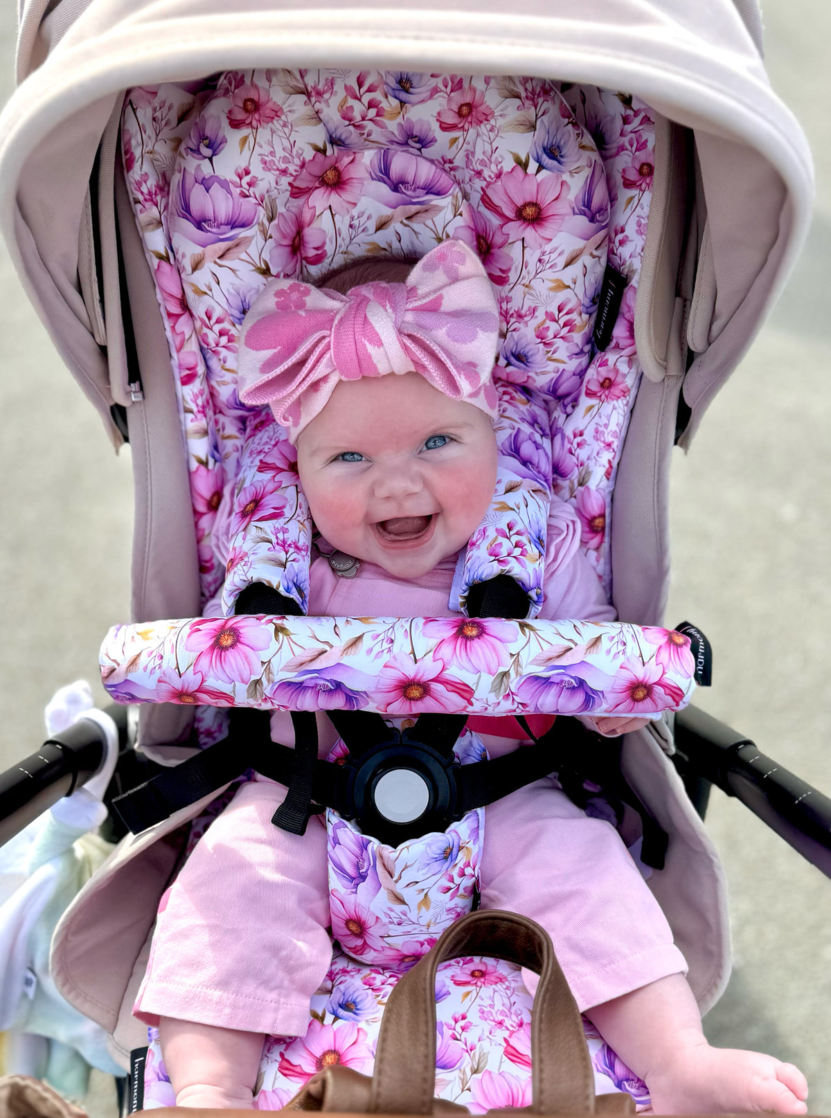 Floral princess and her comfortable pram. Pram Liner and accessories made by Harmony j.